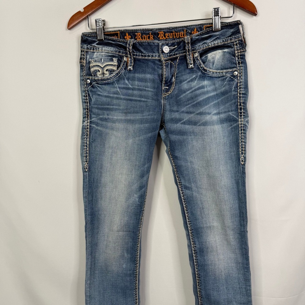 Rock Revival Abrienda Low RIse Cropped Jeans Size 26 Embellished Flap Pocket - Picture 13 of 14